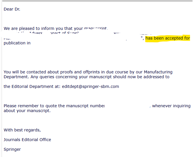 Redacted journal decision showing acceptance for a SCI · Q1 publication