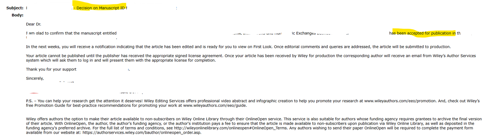 Redacted journal decision showing acceptance for a SSCI · Q2 publication